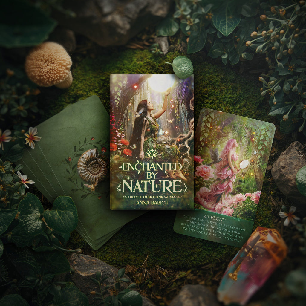 Oracle card deck 'Enchanted by Nature' surrounded by nature-themed cards and crystals on a green leafy background
