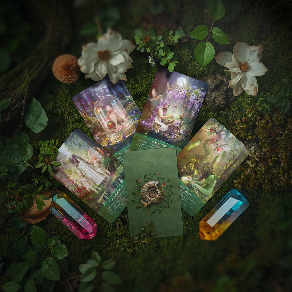 Set of Enchanted by Nature oracle cards and crystals on a natural background with flowers and leaves.
