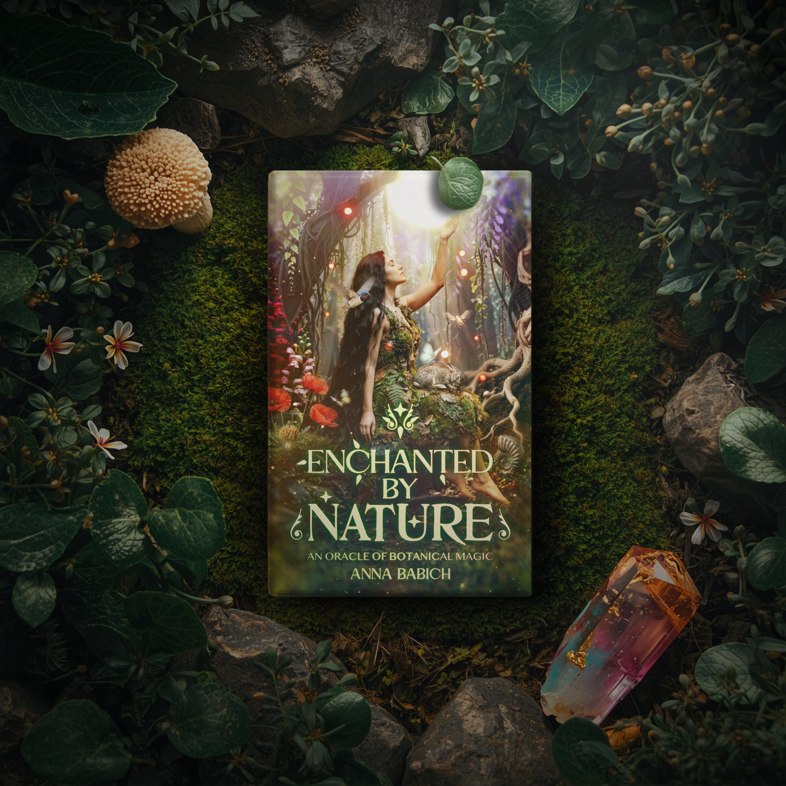 Oracle deck 'Enchanted by Nature' by Anna Babich surrounded by nature elements on a dark green background.