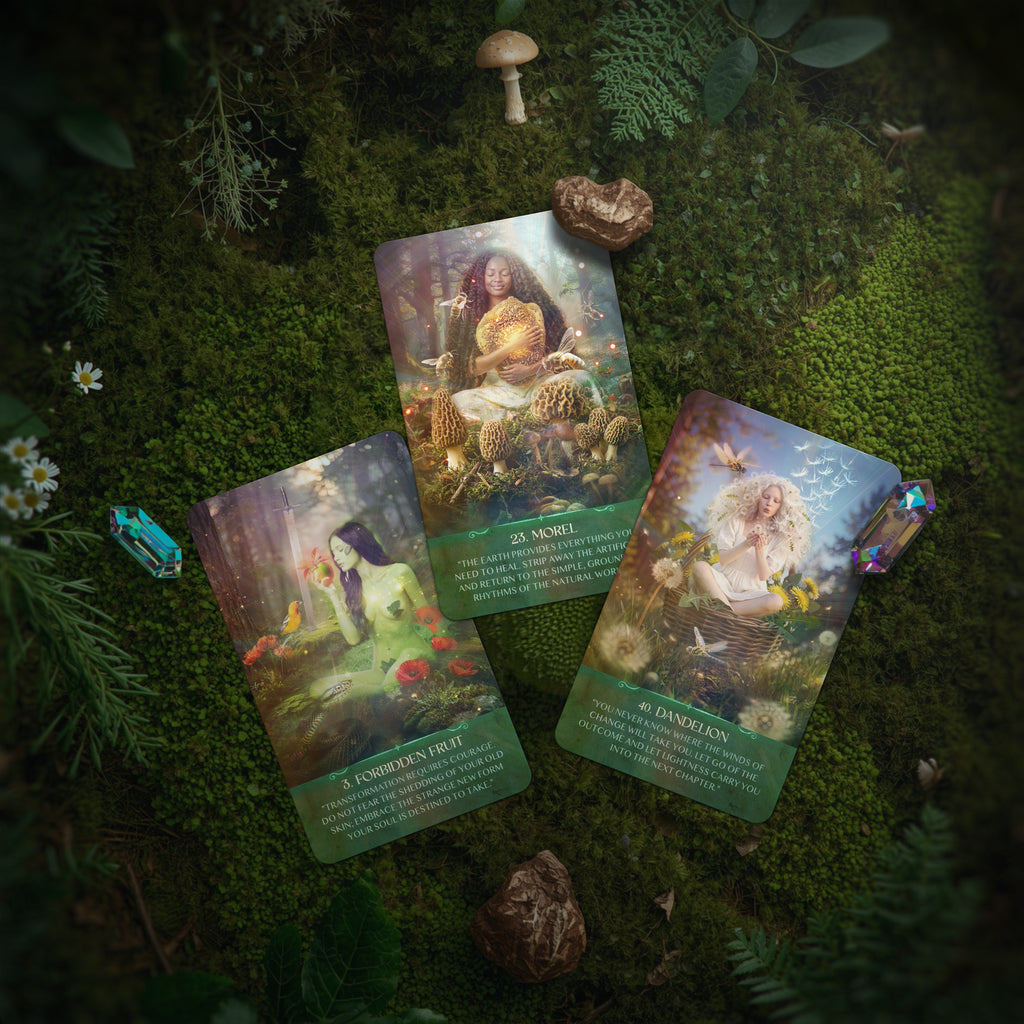 Three Enchanted by Nature oracle cards featuring nature-themed illustrations on a mossy surface with plants and mushrooms.