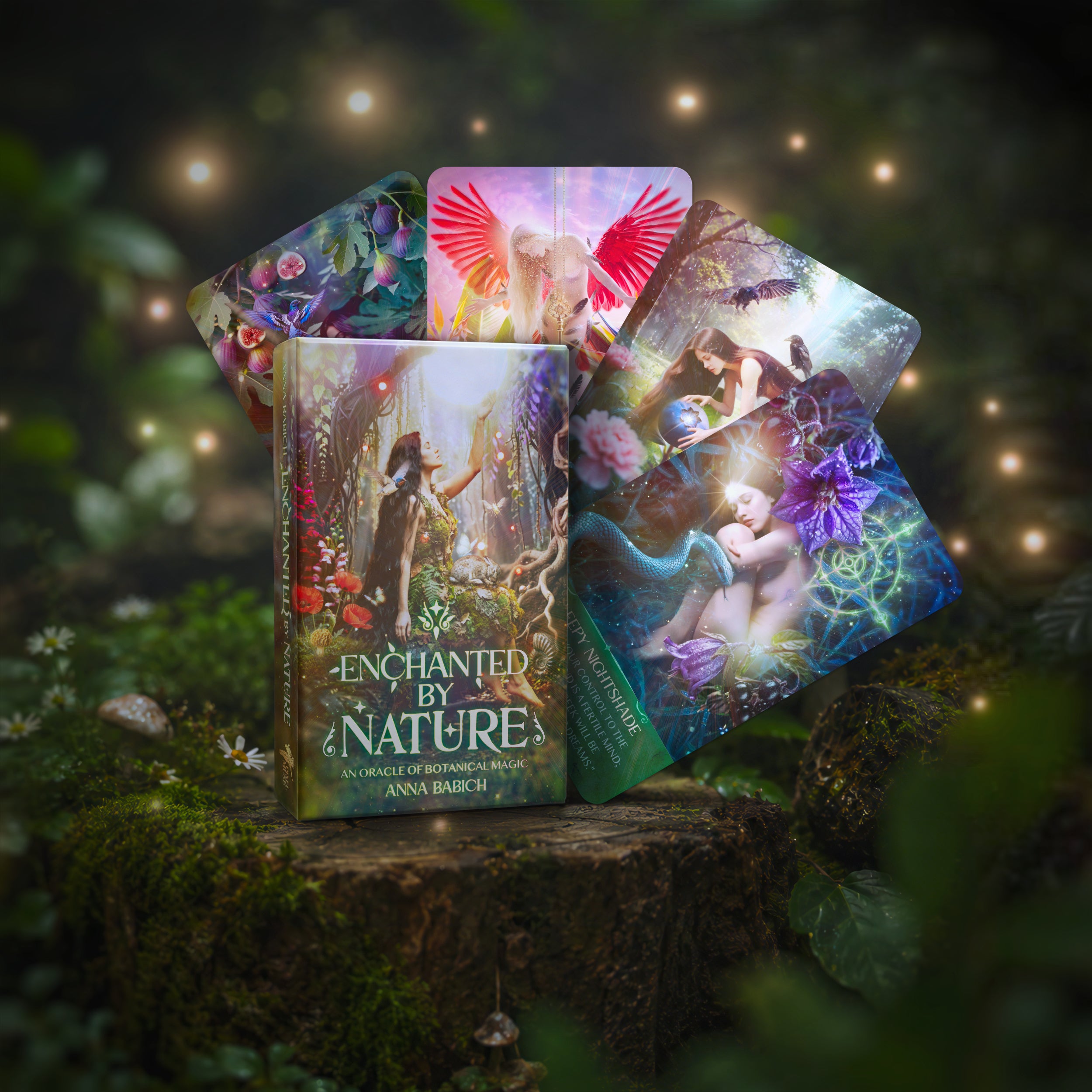 Oracle cards titled 'Enchanted by Nature' on a wooden stump with a mystical forest background.