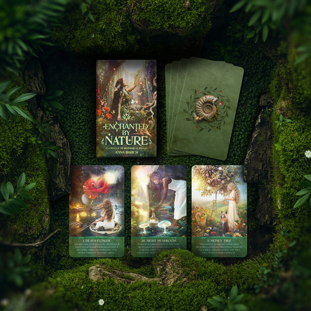 Set of oracle cards titled 'Enchanted by Nature' on a mossy surface with nature-themed illustrations.
