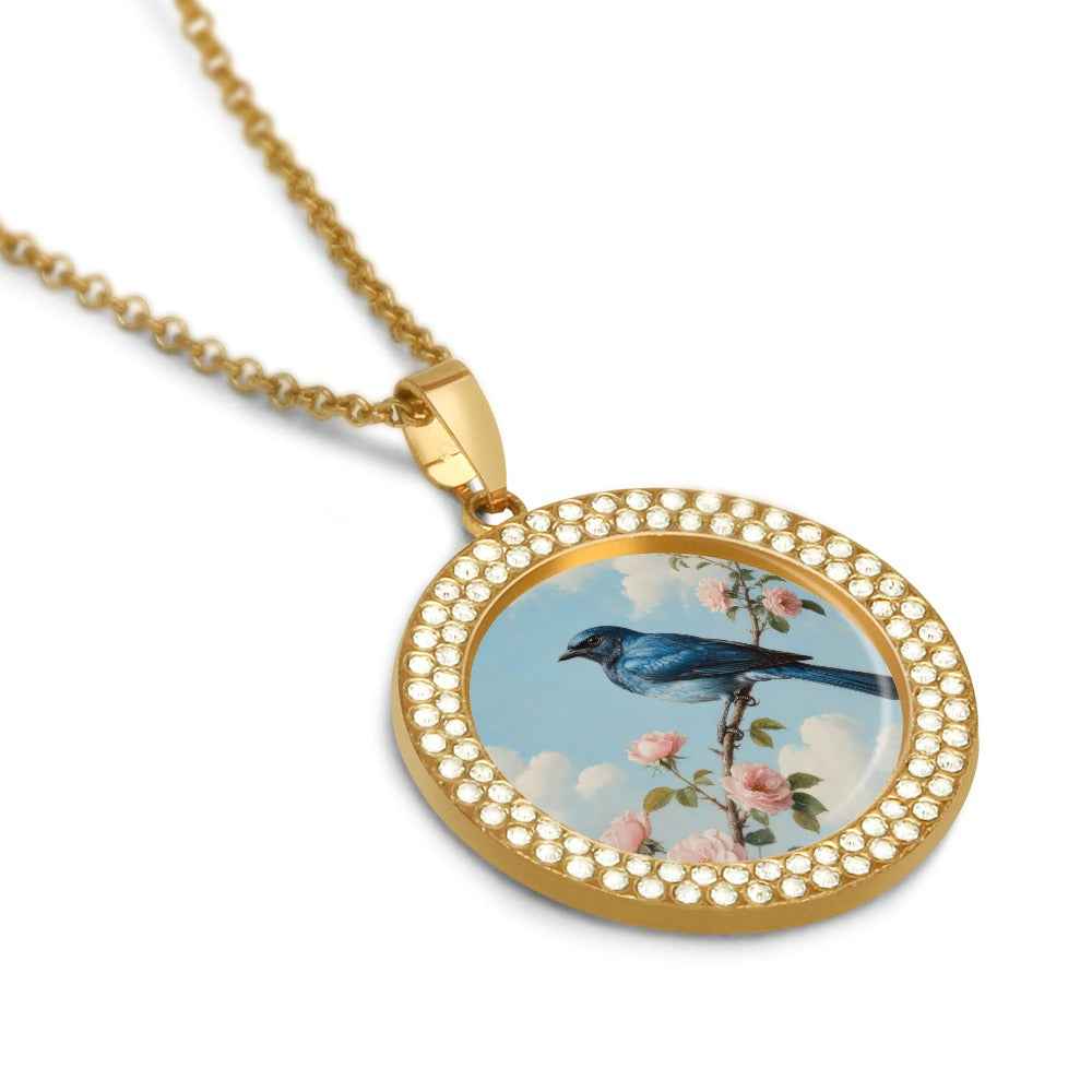 Vintage Crystal Gold Necklace – Bluebird Sky Miniature Art Pendant