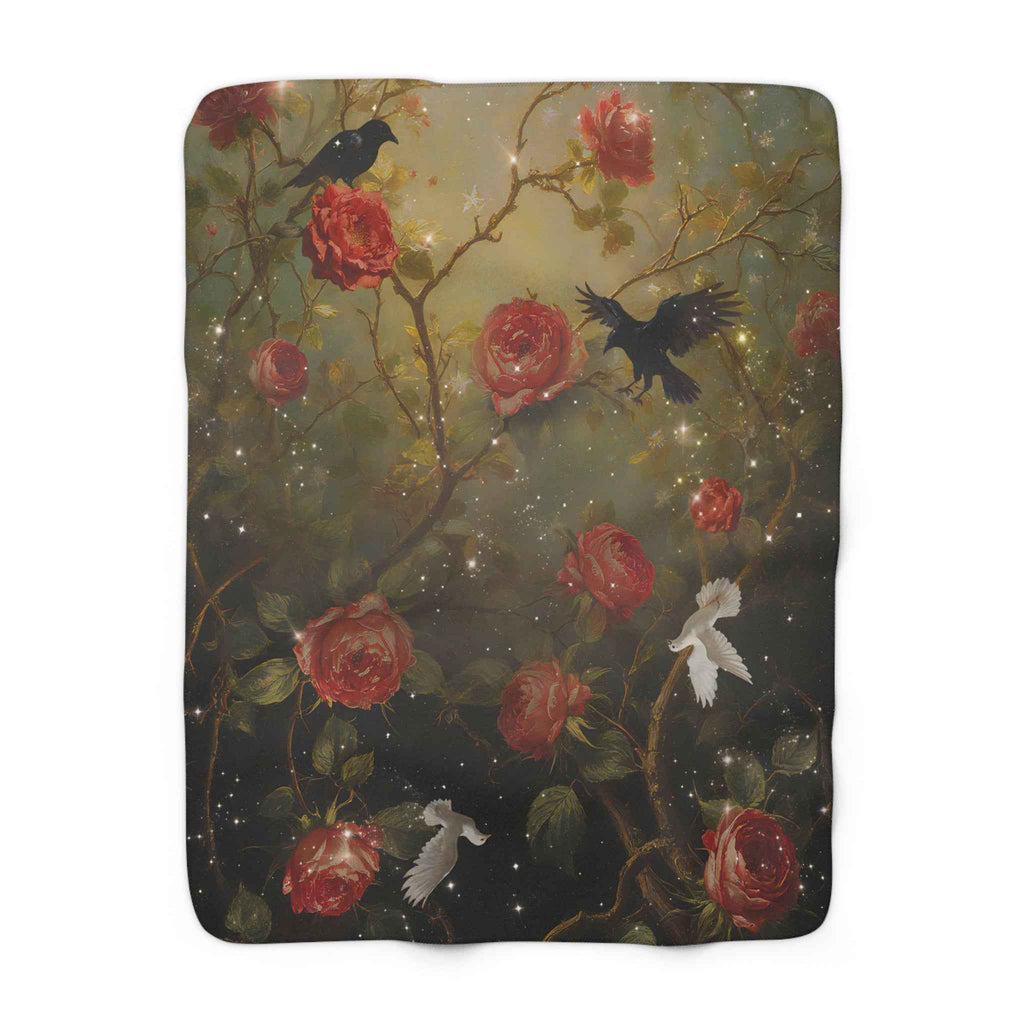 Gothic Raven & White Dove Rose Sherpa Fleece Blanket