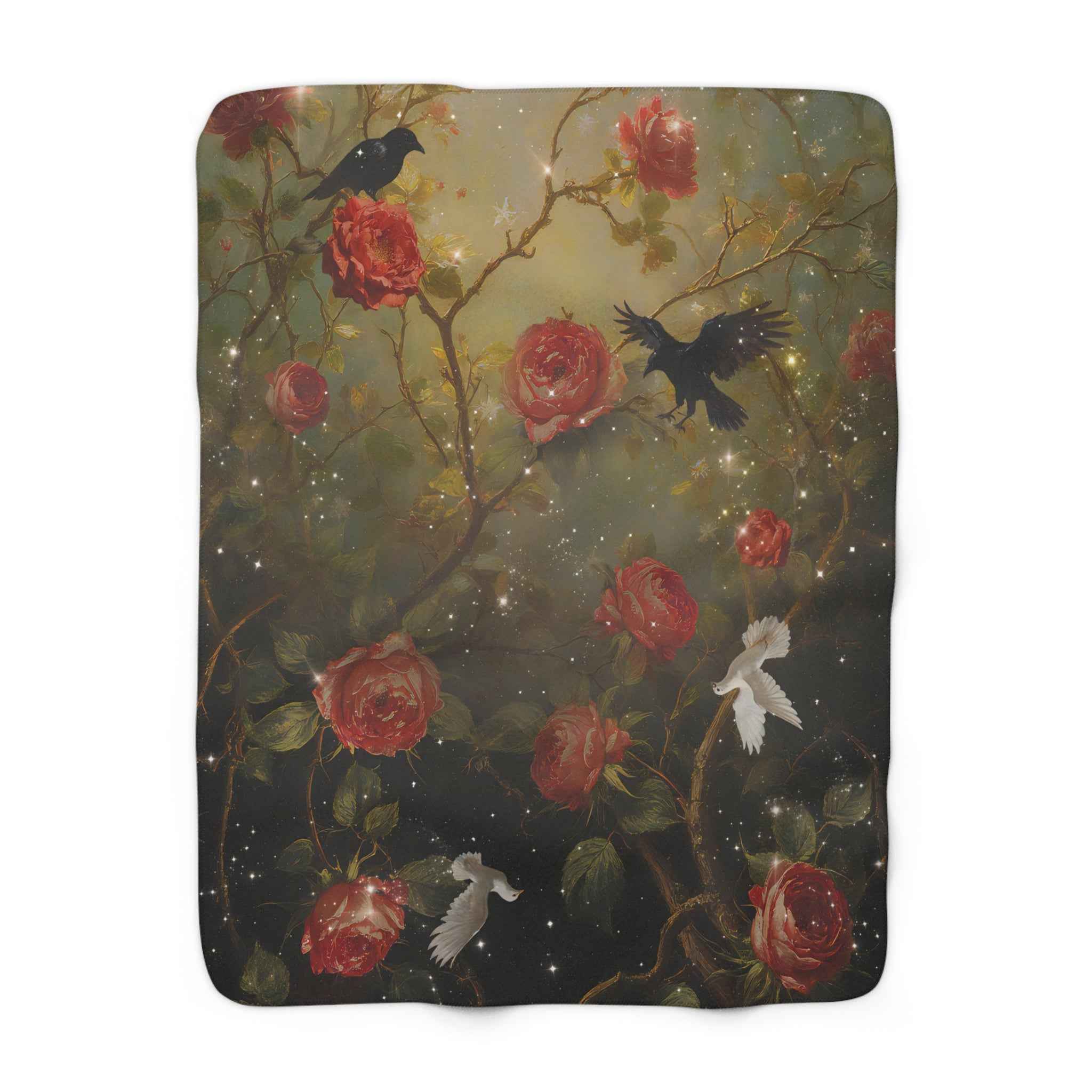 Gothic Raven & White Dove Rose Sherpa Fleece Blanket