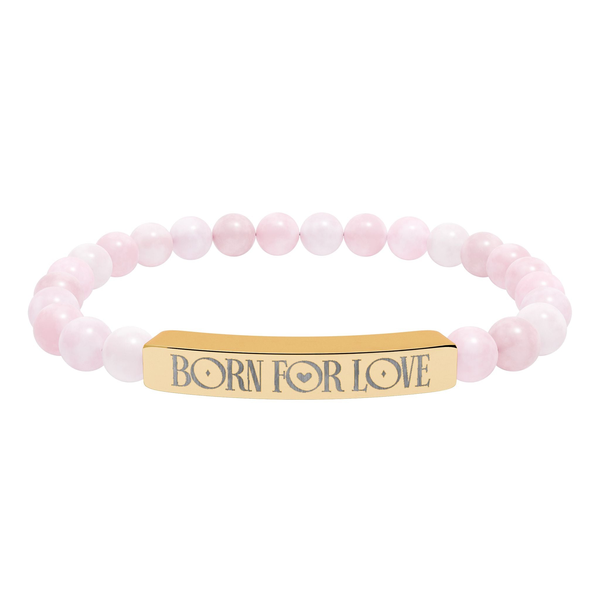 Rose Quartz Stretch Bracelet with Engraved 'Born for Love' Gold Bar
