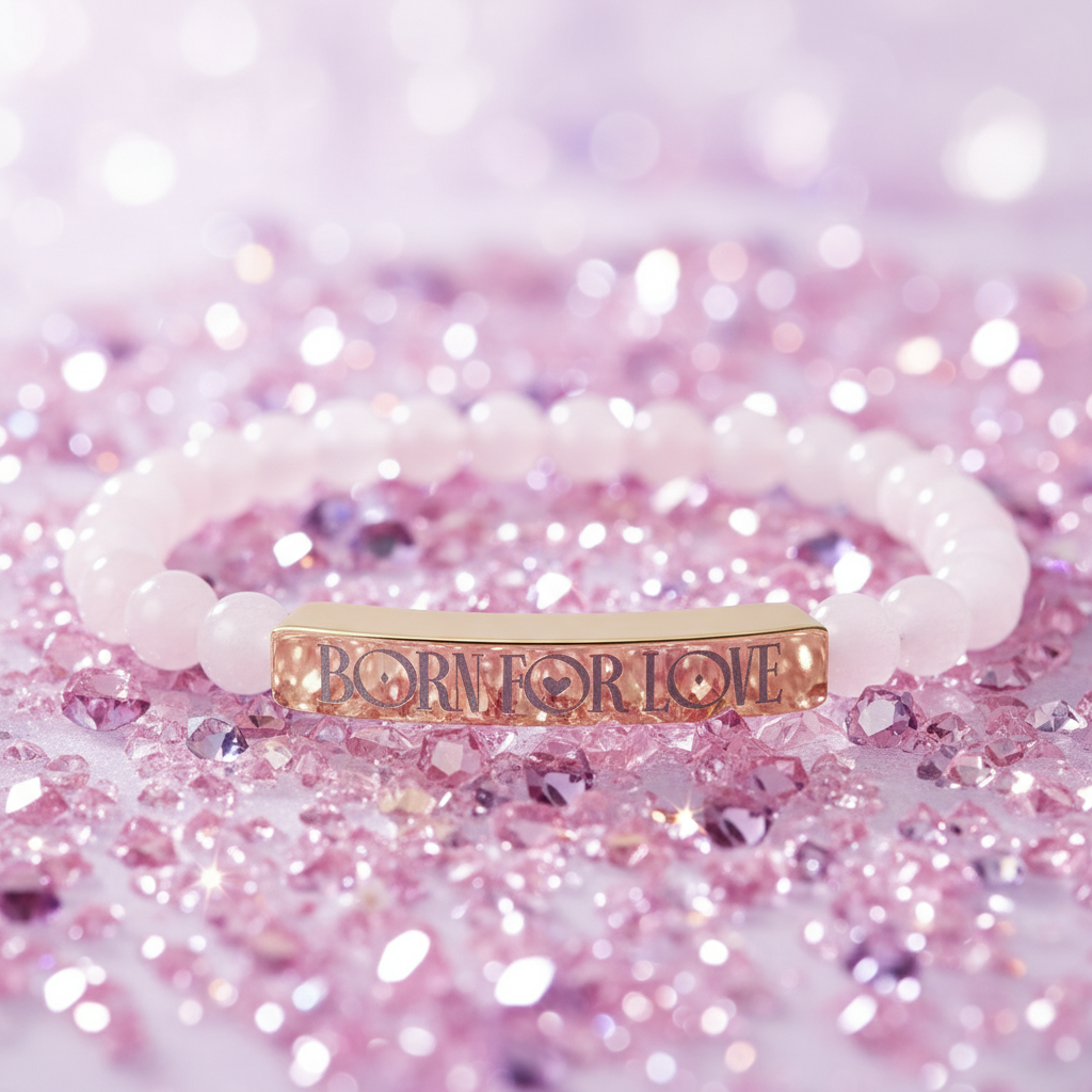 Rose Quartz stretch bracelet with a gold engraved “Born for Love” bar, styled with soft pink florals. Gentle, meaningful jewelry for gifting or daily wear.