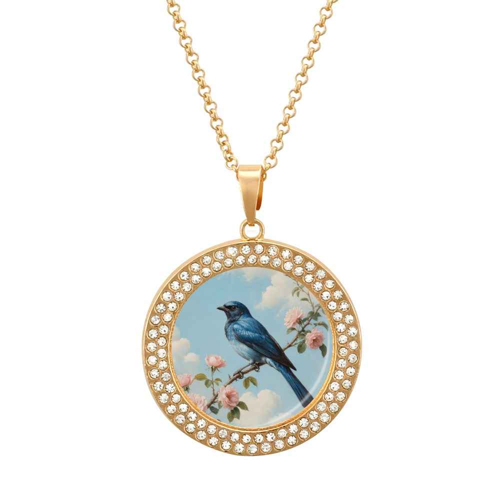 Vintage Crystal Gold Necklace – Bluebird Sky Miniature Art Pendant