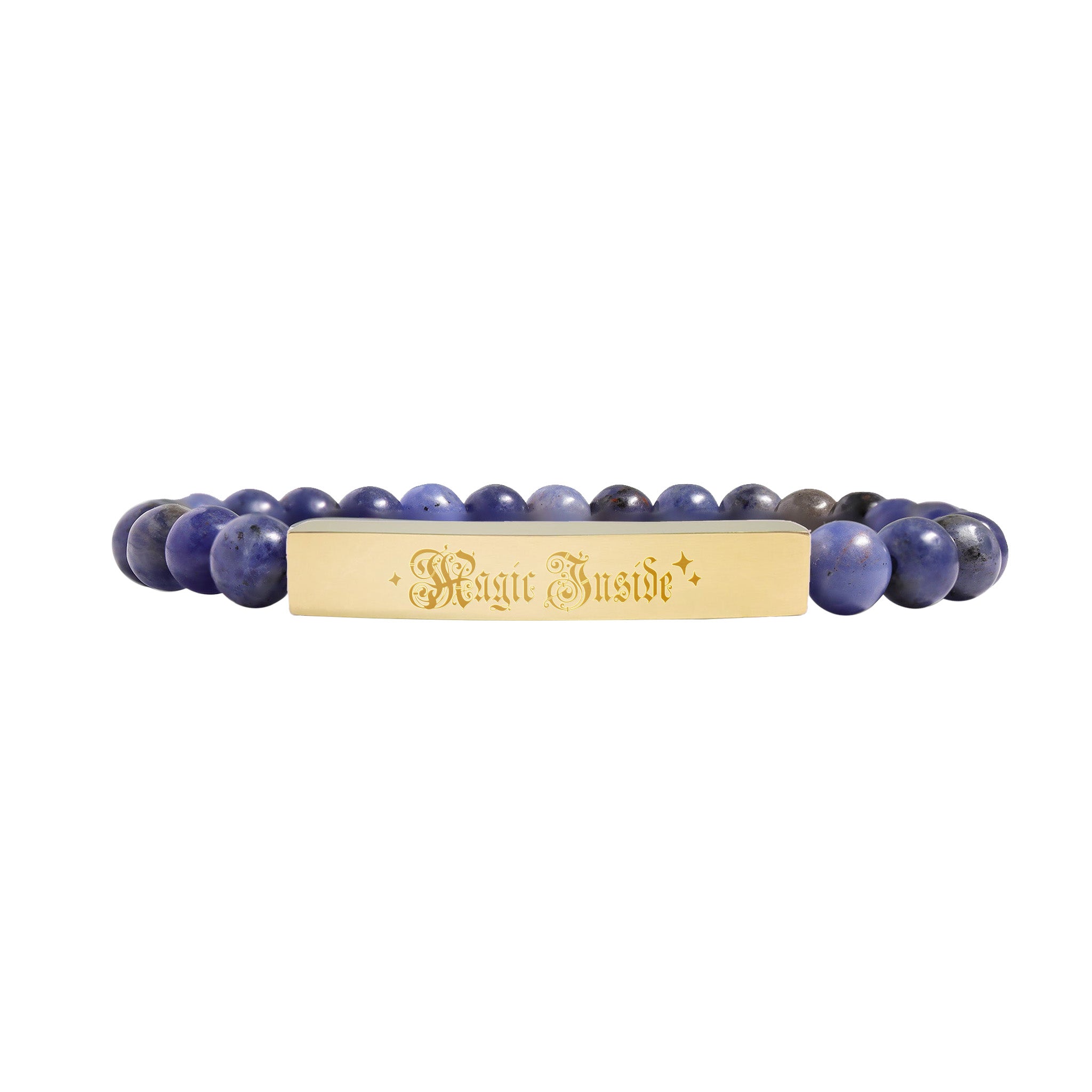 Bracelet with blue beads and celestial gold bar on a white background