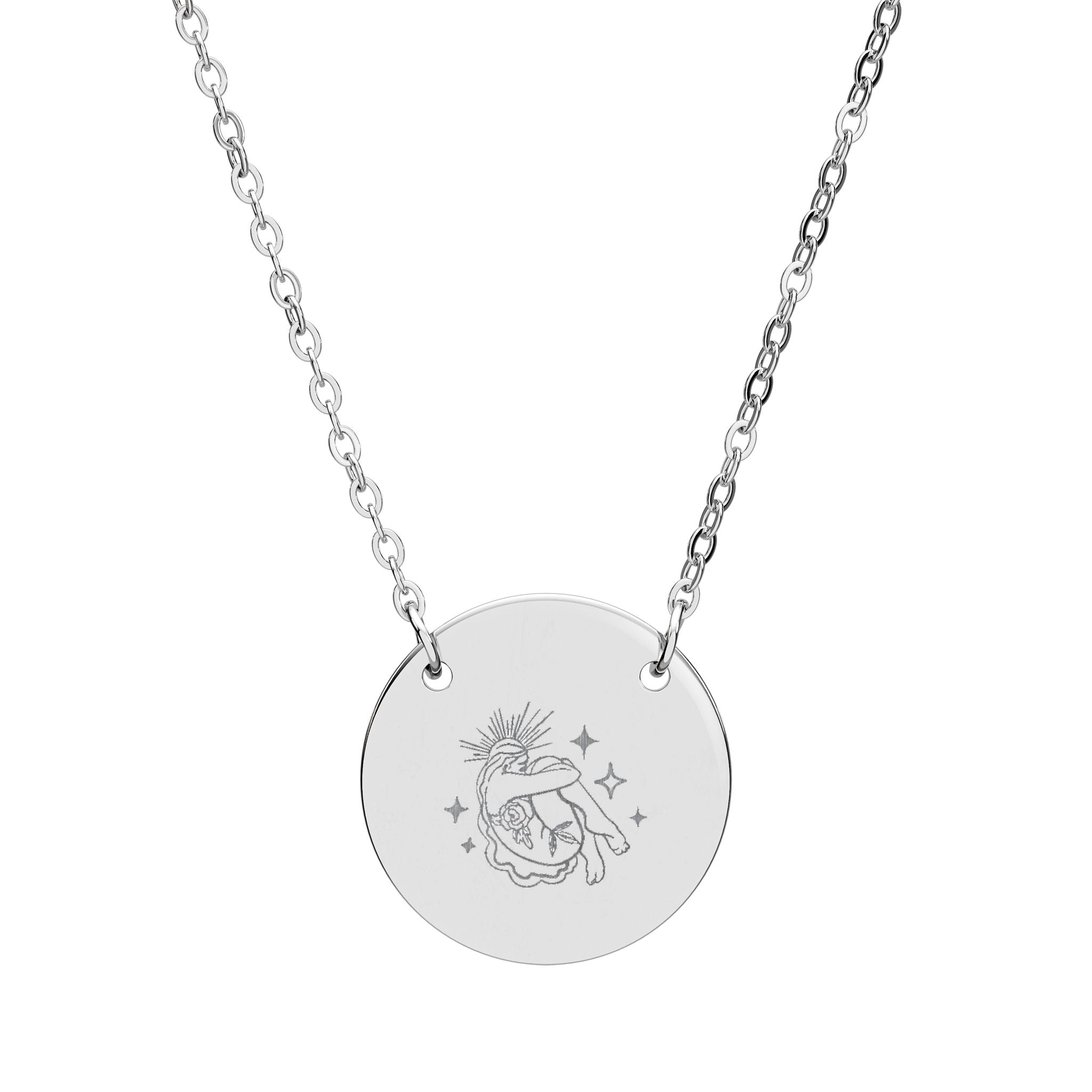 Silver celestial necklace with a round pendant on a white background