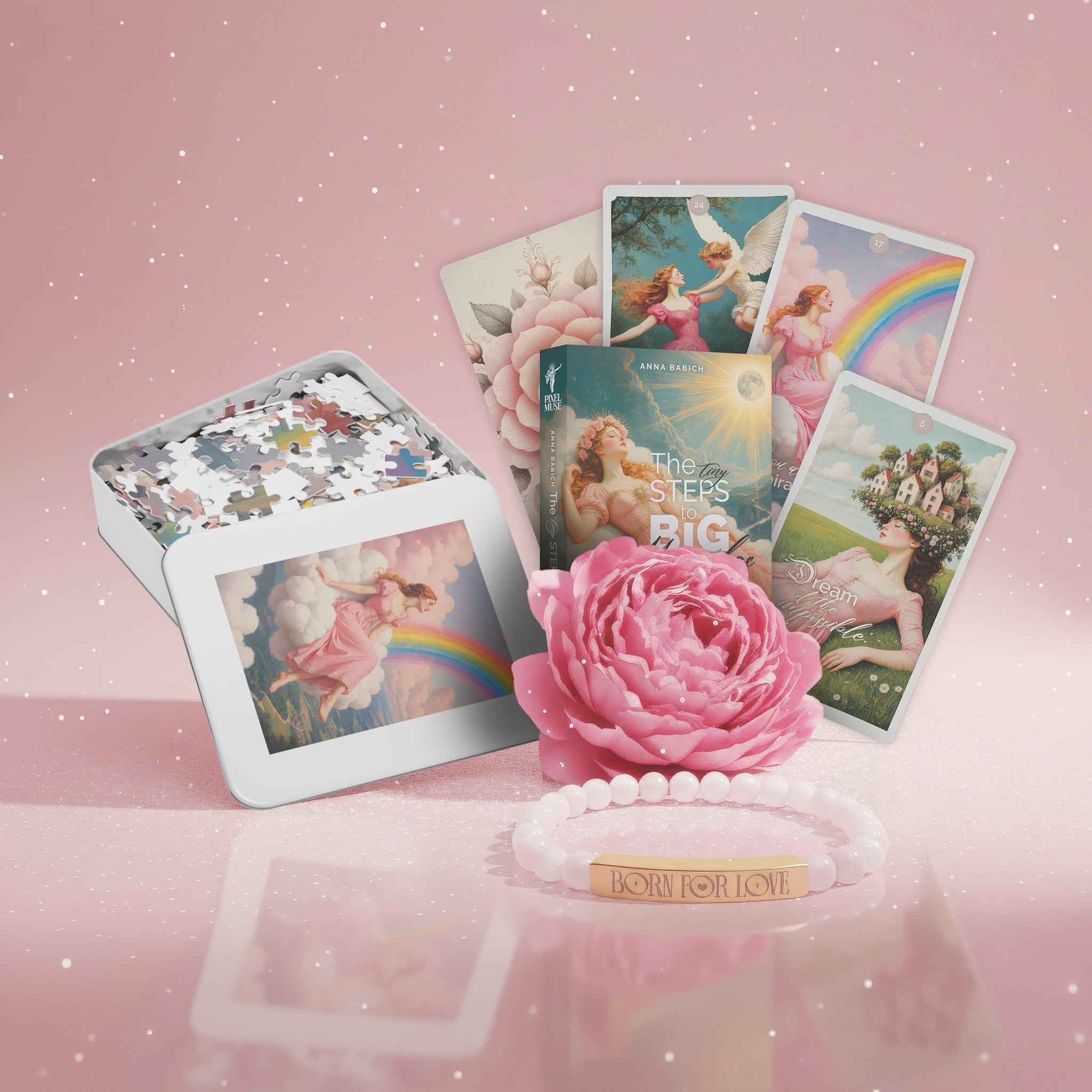Born For Miracles Self Care Gift Set Puzzle Oracle Deck Rose Quartz Bracelet