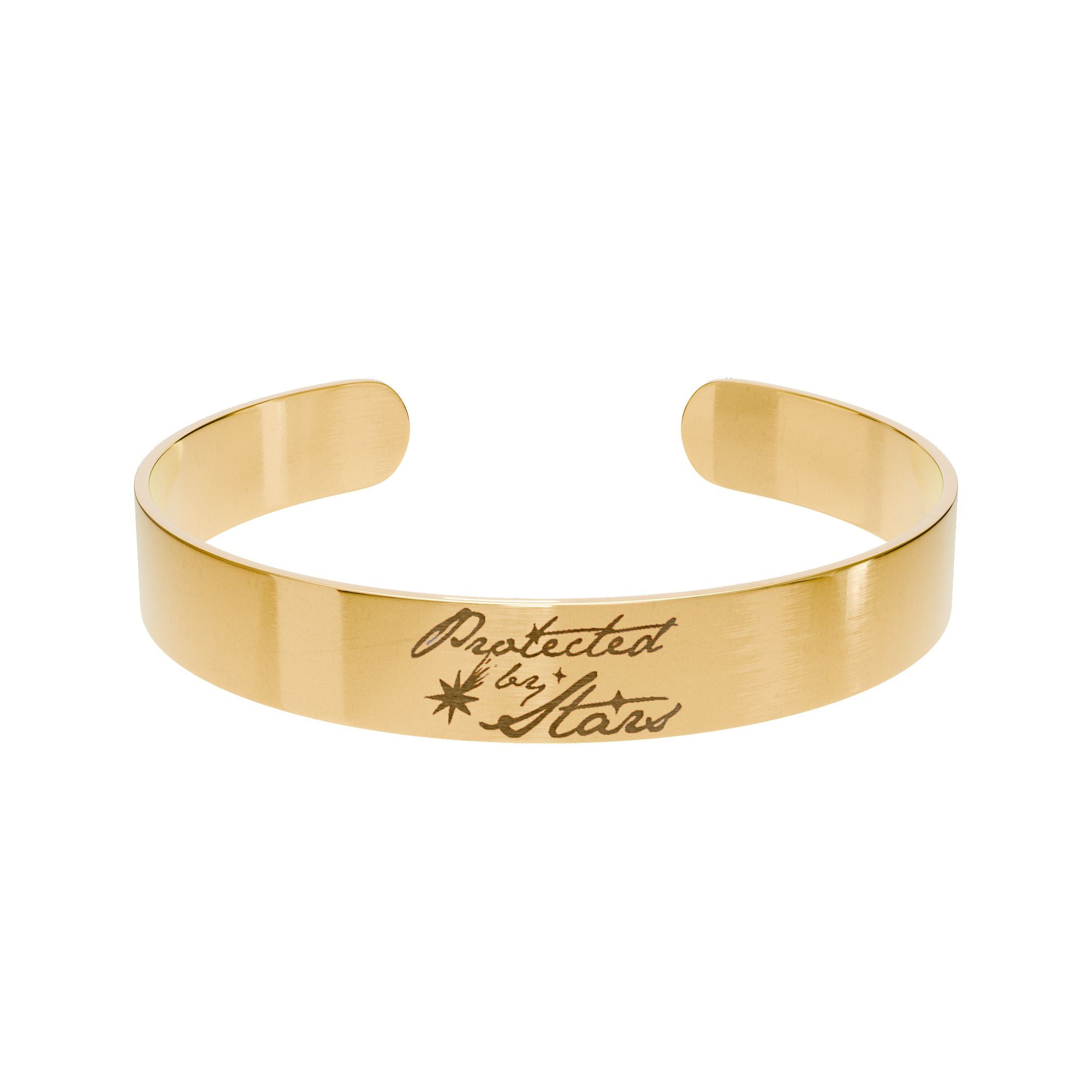Gold celestial bracelet with 'Protected by Flames' engraving on a white background