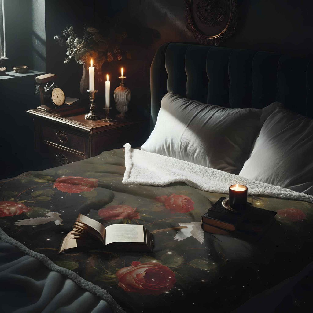 Gothic Raven & White Dove Rose Sherpa Fleece Blanket