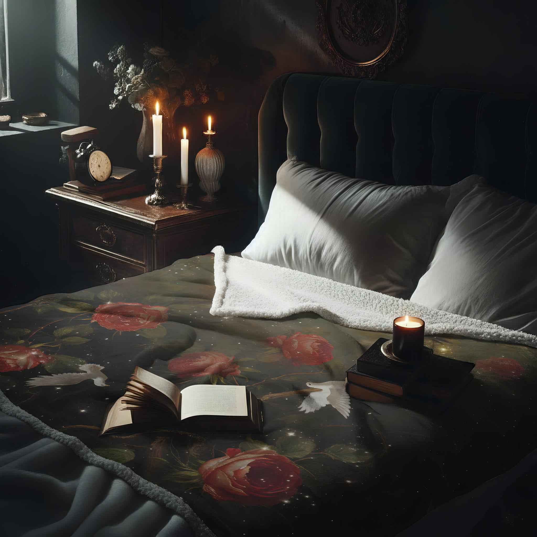 Gothic Raven & White Dove Rose Sherpa Fleece Blanket