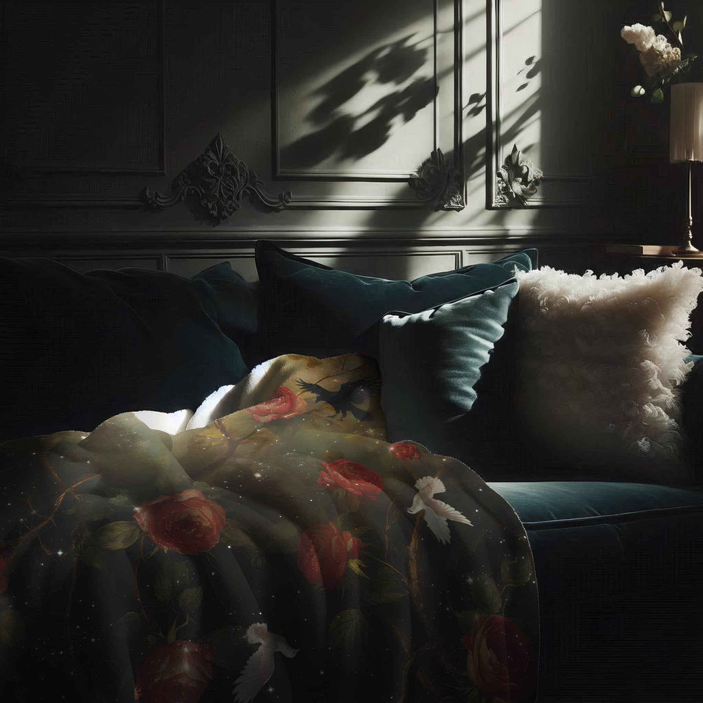 Gothic Raven & White Dove Rose Sherpa Fleece Blanket