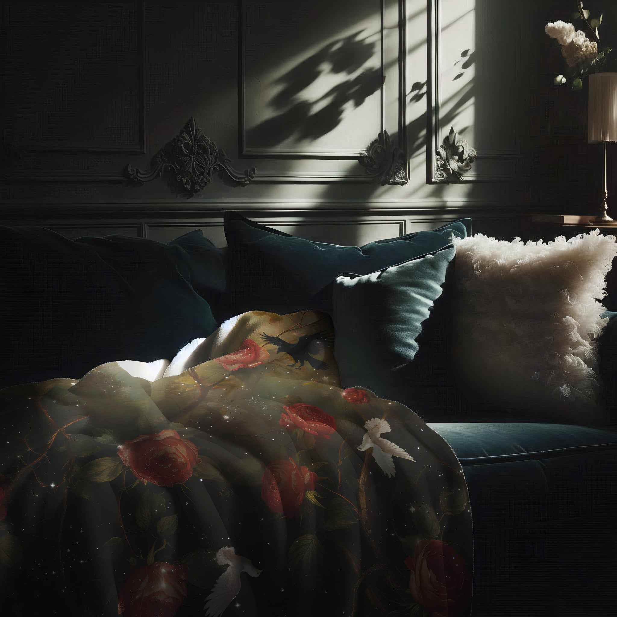 Gothic Raven & White Dove Rose Sherpa Fleece Blanket