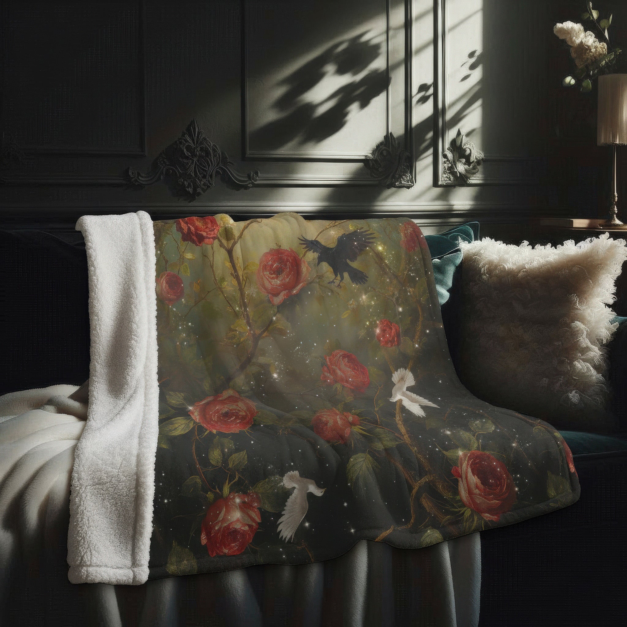 Gothic Raven & White Dove Rose Sherpa Fleece Blanket