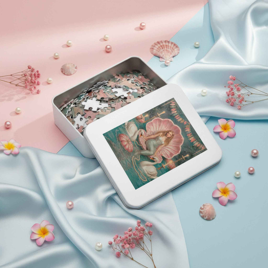500-Piece Puzzle: Vintage Pink Mermaid in Shell (with Tin) — Vintage Fairy Tale Ocean Scene