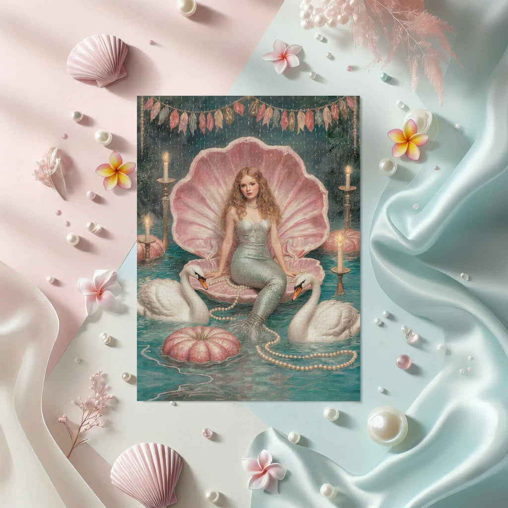 500-Piece Puzzle: Vintage Pink Mermaid in Shell (with Tin) — Vintage Fairy Tale Ocean Scene