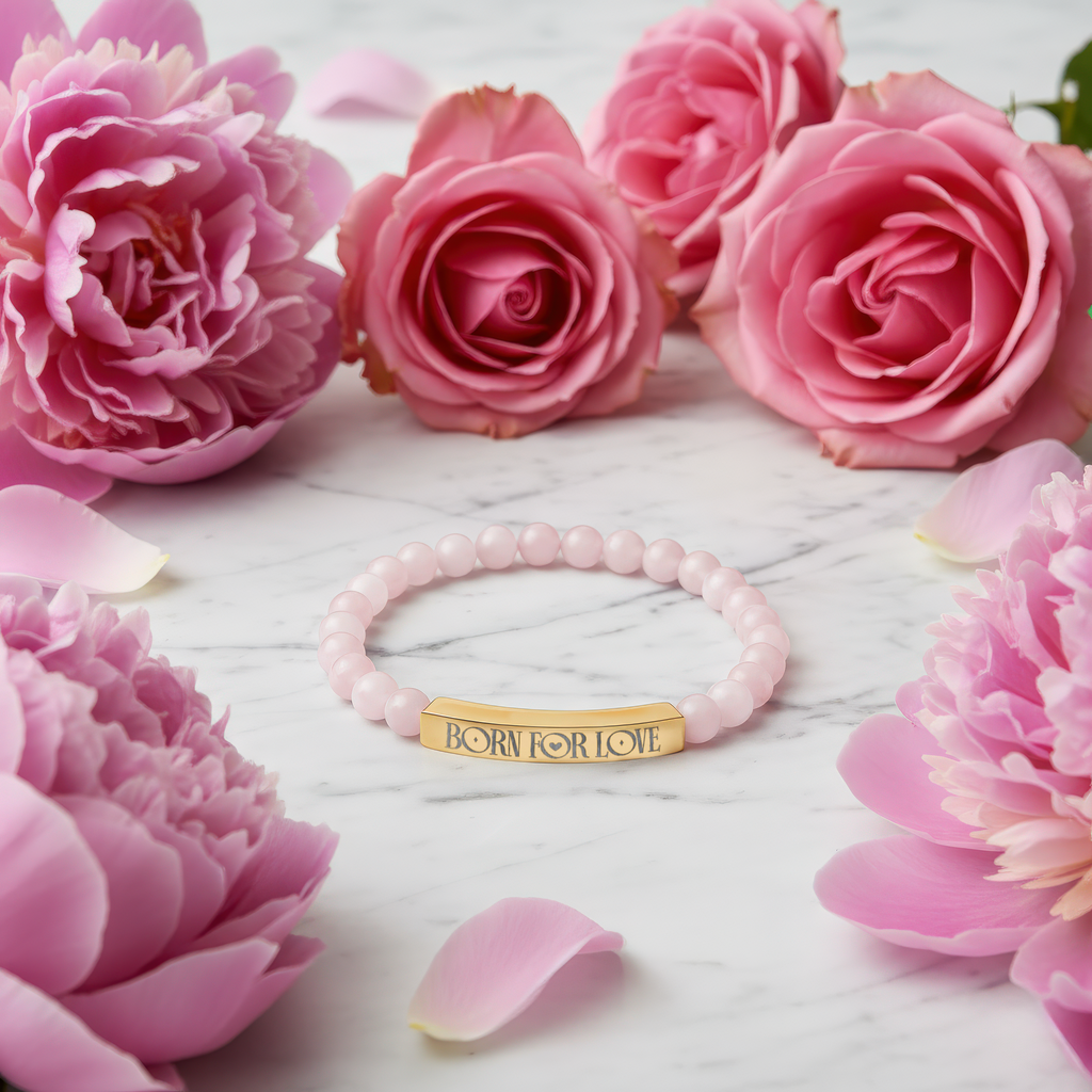 Rose Quartz Stretch Bracelet with Engraved 'Born for Love' Gold Bar