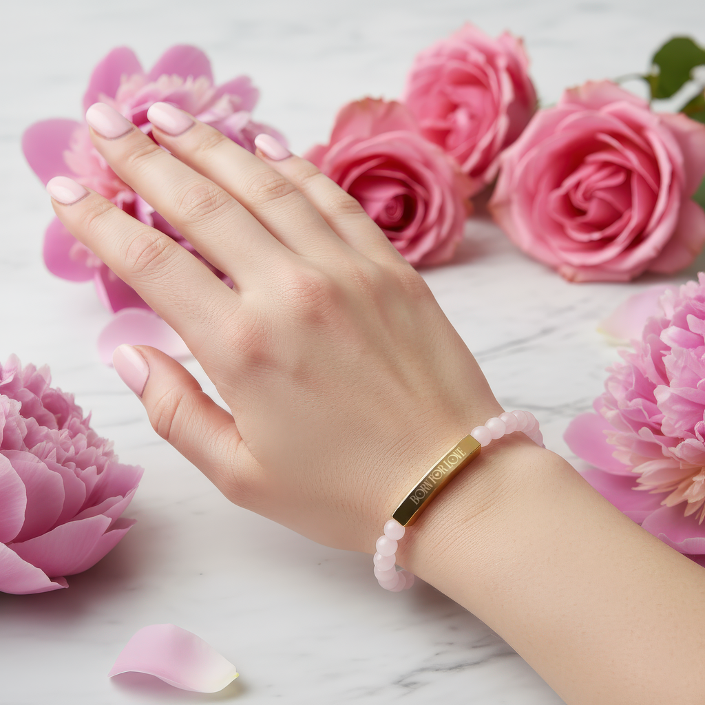 Rose Quartz Stretch Bracelet with Engraved 'Born for Love' Gold Bar