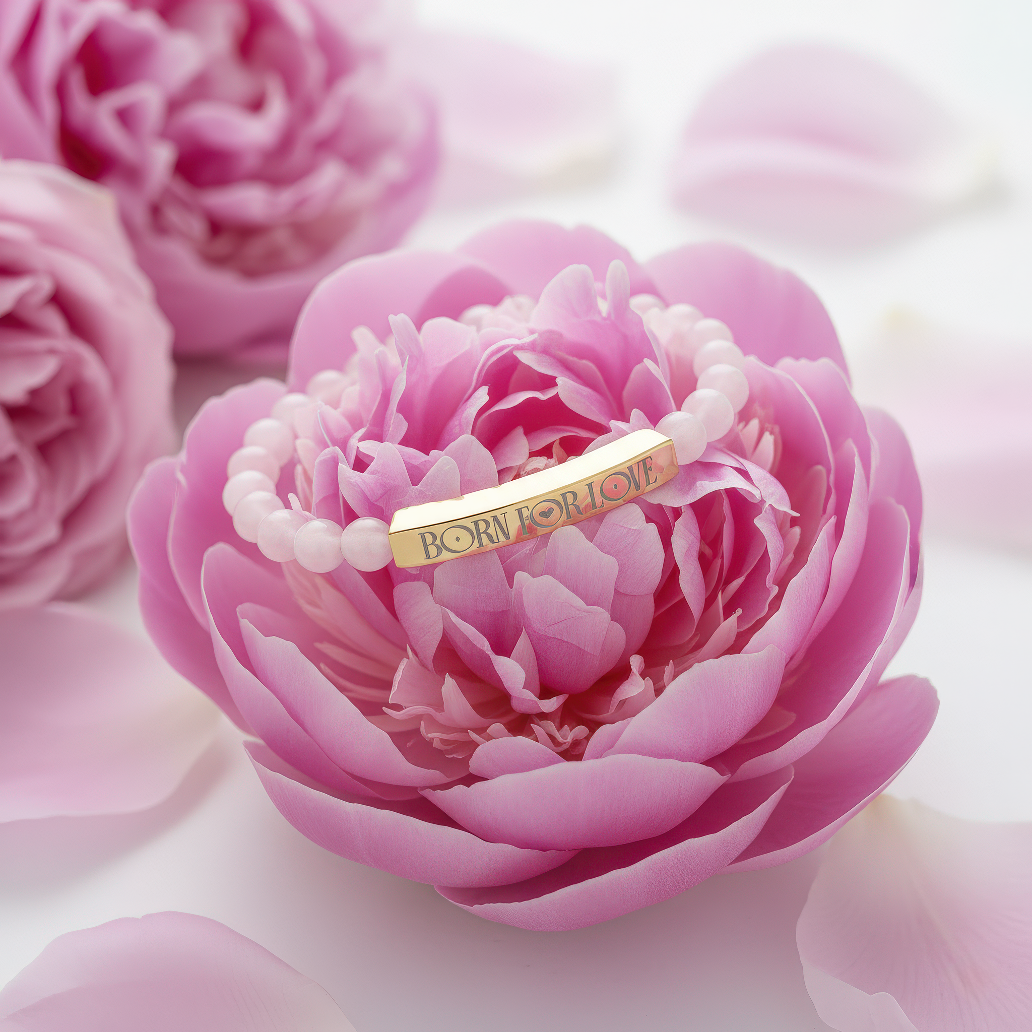 Rose Quartz stretch bracelet with a gold engraved “Born for Love” bar, styled with soft pink florals. Gentle, meaningful jewelry for gifting or daily wear.
