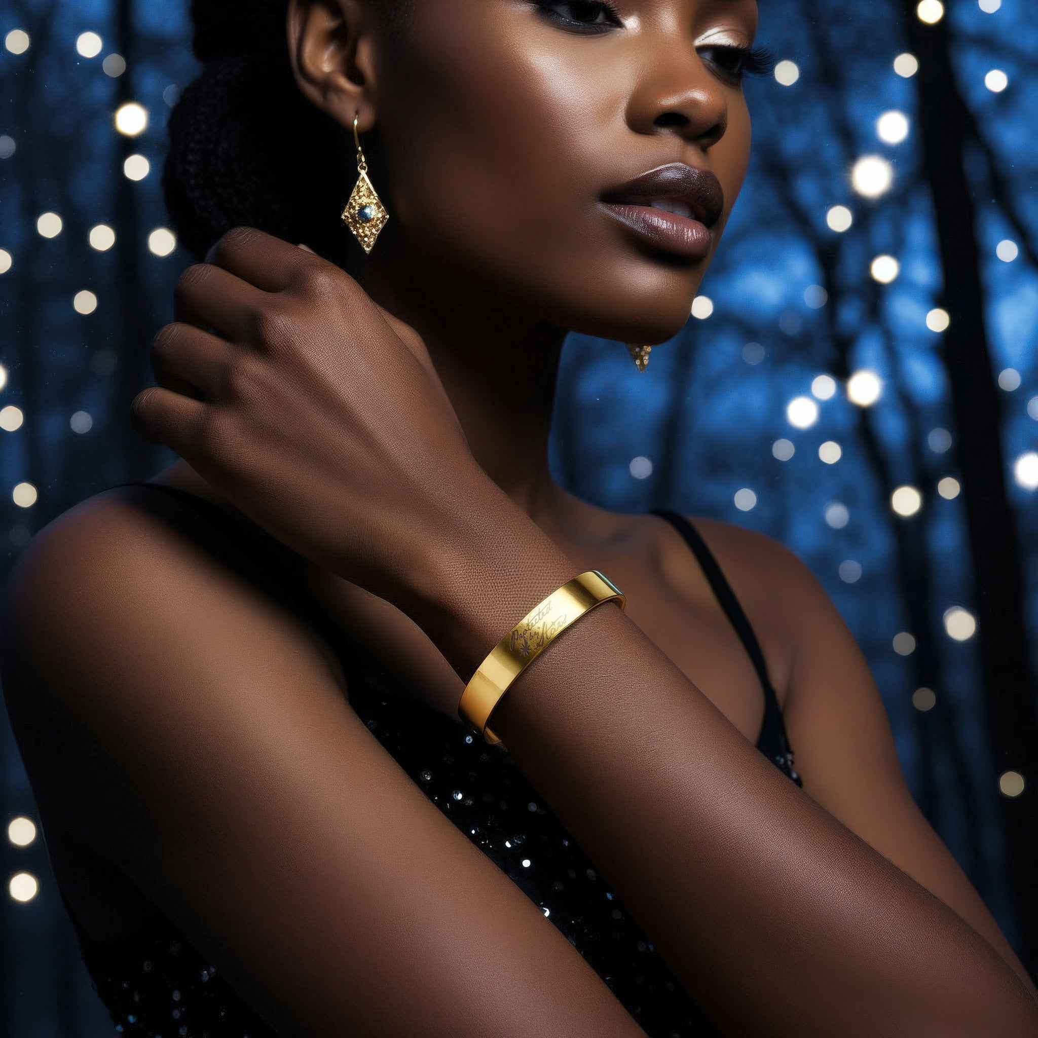 Gold Cuff Bracelet Engraved with "Protected by Stars" – Your Mindful Talisman