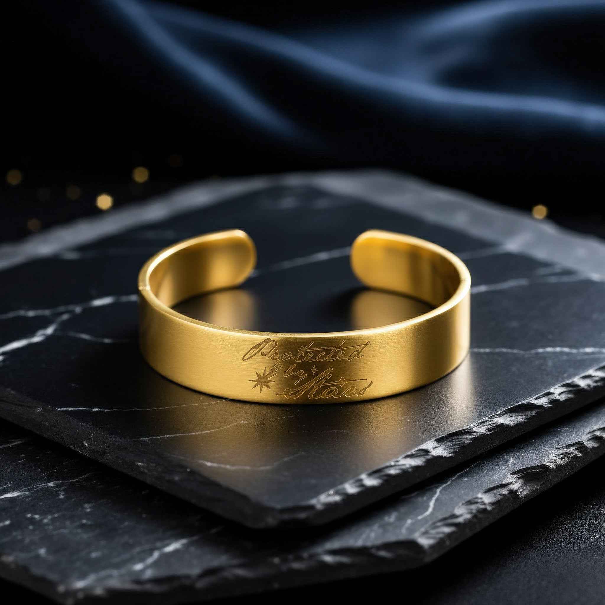 Gold Cuff Bracelet Engraved with "Protected by Stars" – Your Mindful Talisman
