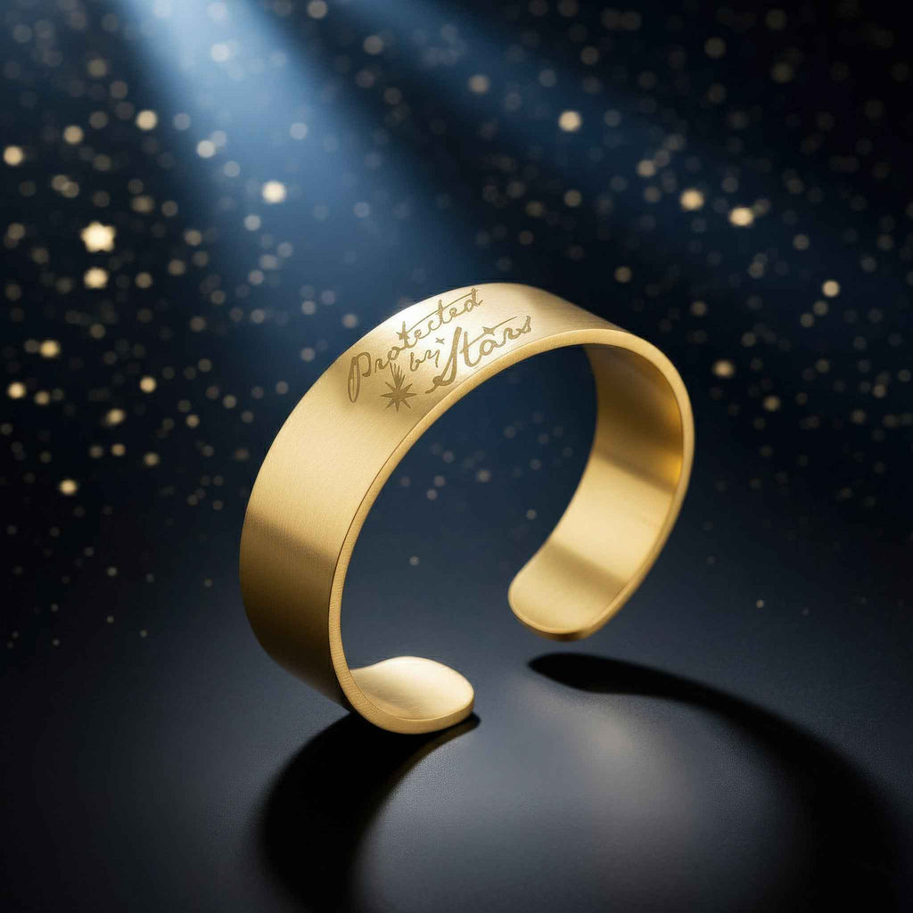 Gold Cuff Bracelet Engraved with "Protected by Stars" – Your Mindful Talisman