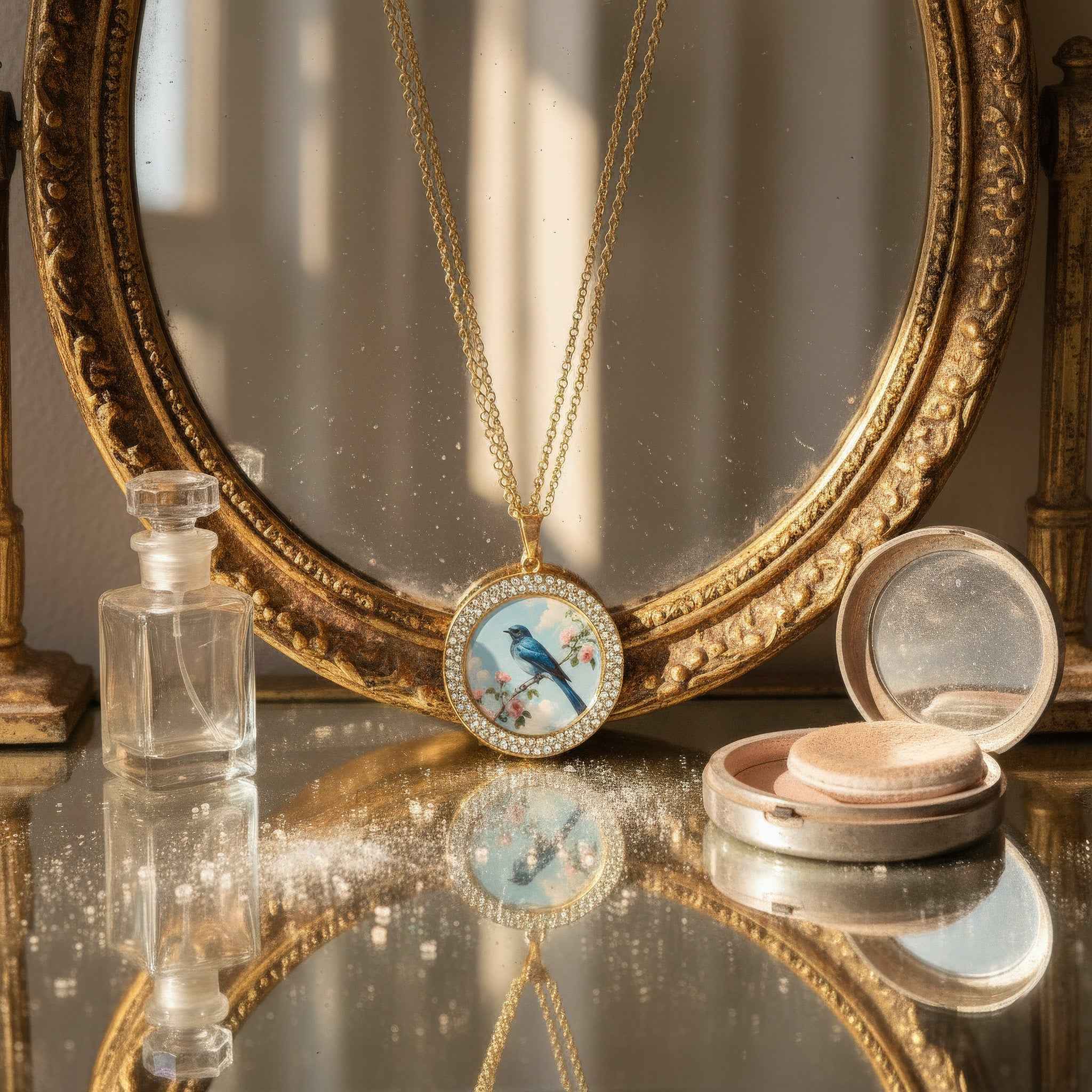 Vintage Crystal Gold Necklace – Bluebird Sky Miniature Art Pendant