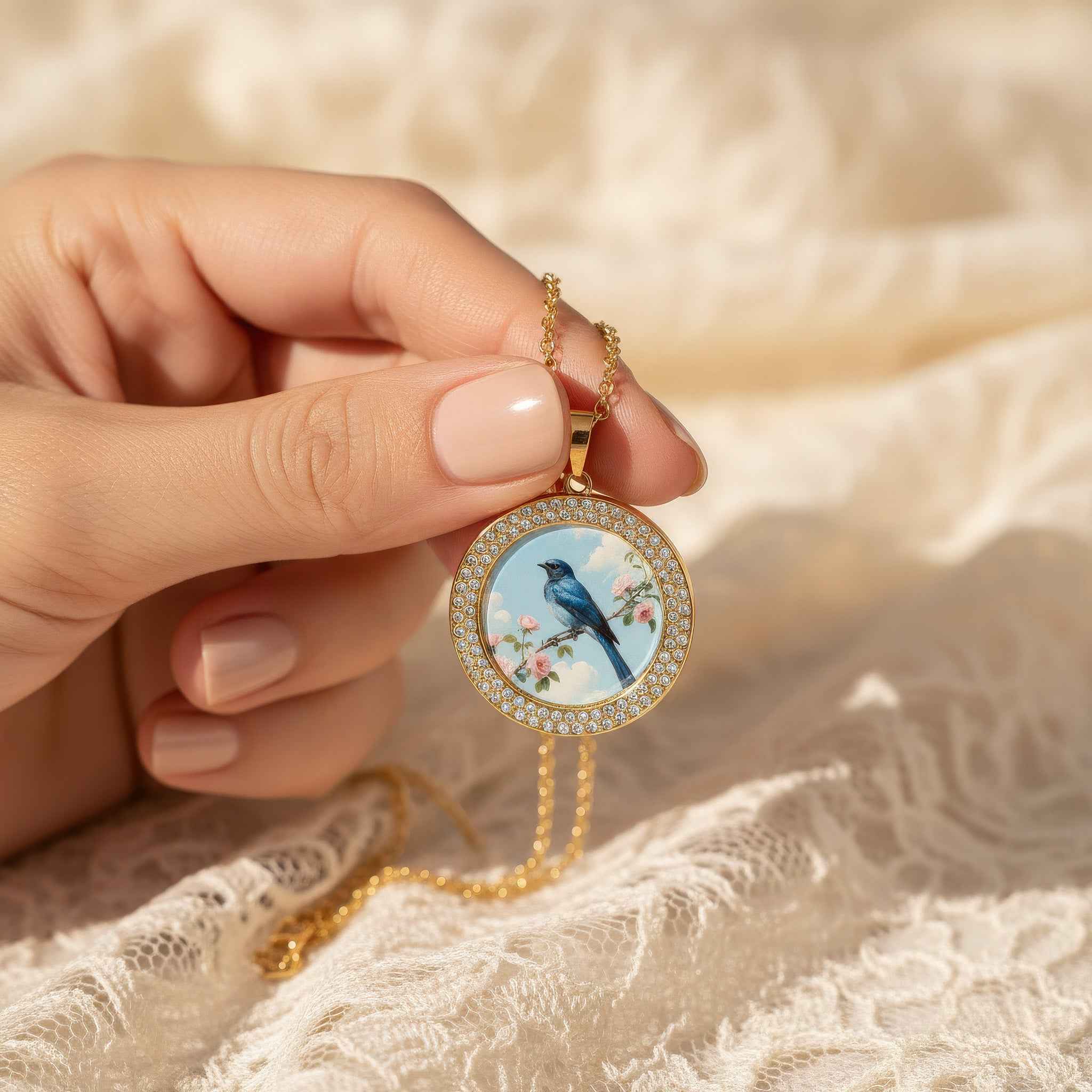 Vintage Crystal Gold Necklace – Bluebird Sky Miniature Art Pendant