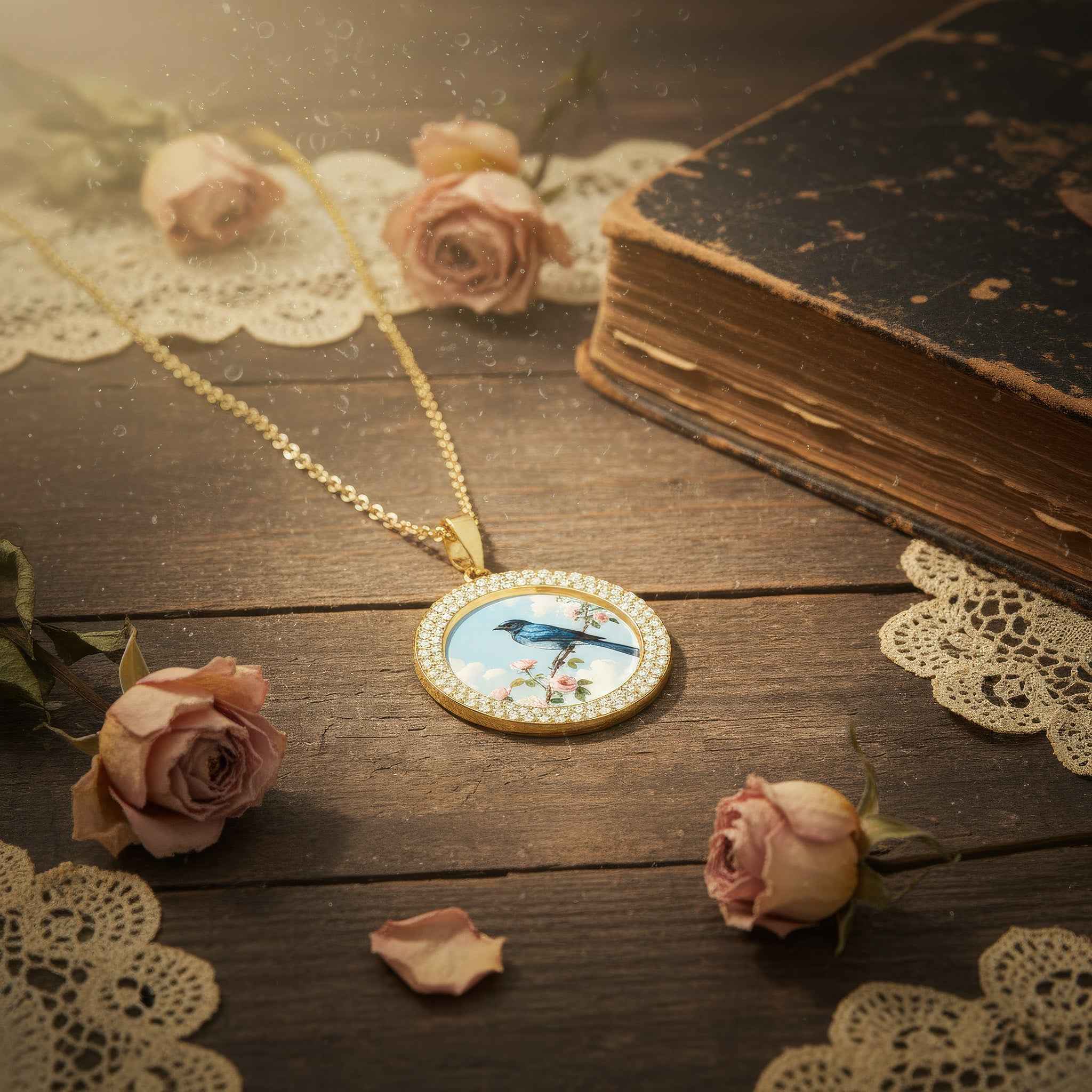 Vintage Crystal Gold Necklace – Bluebird Sky Miniature Art Pendant