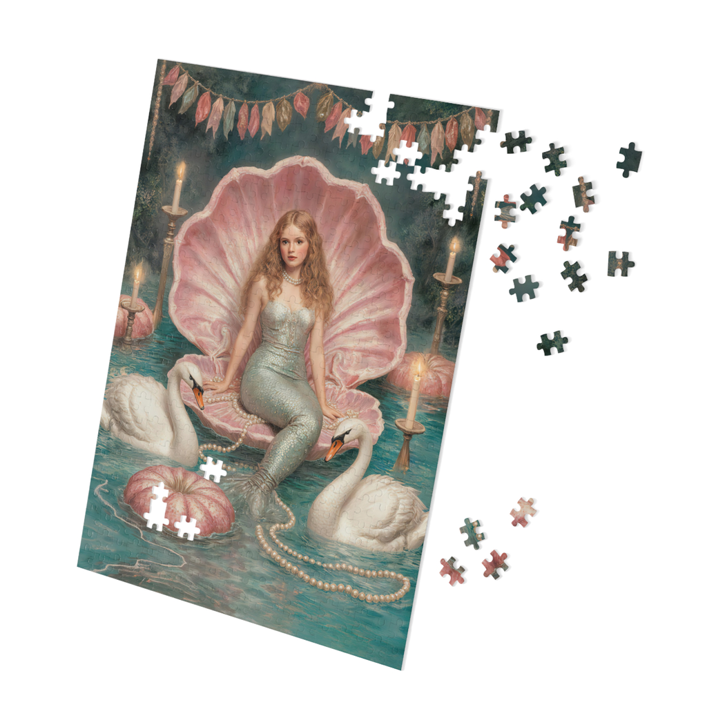 vintage pink mermaid art puzzle for mindful relaxation, 500 piece jigsaw for adults